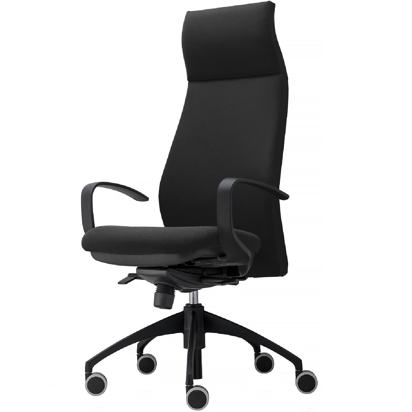 Scaun ergonomic de birou TRAFFIC CHAIRS LONG, sezut si spatar tapitat textil, NEGRU, spatar reglabil pe inaltime, tetiera incorporata in spatar, mecanism multiblock, role gumate mari