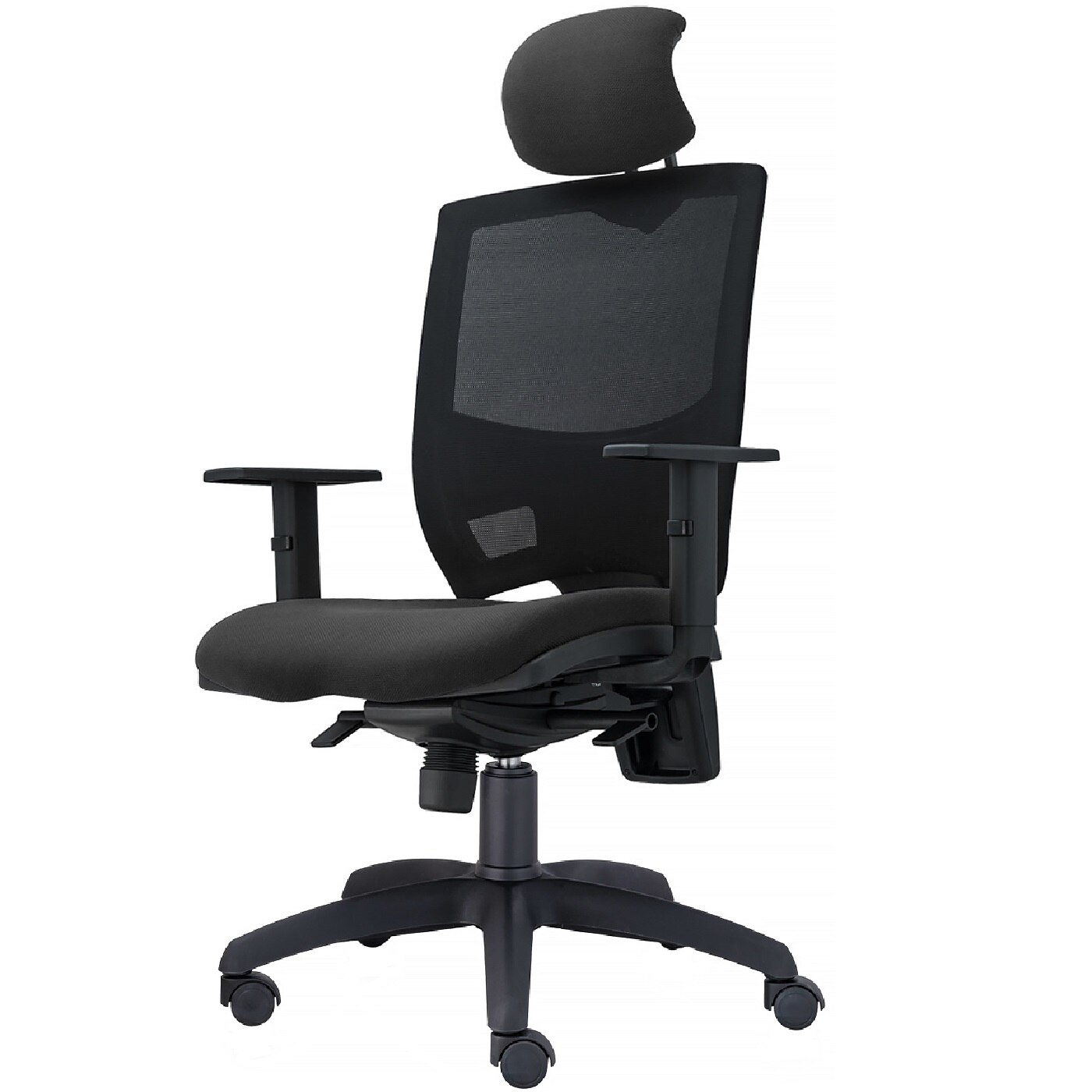 Scaun ergonomic de birou TRAFFIC CHAIRS SPRING, tapiterie sezut textil NEGRU, spatar reglabil pe inaltime mesh NEGRU, tetiera reglabila tapitata, mecanism multiblock, brate reglabile