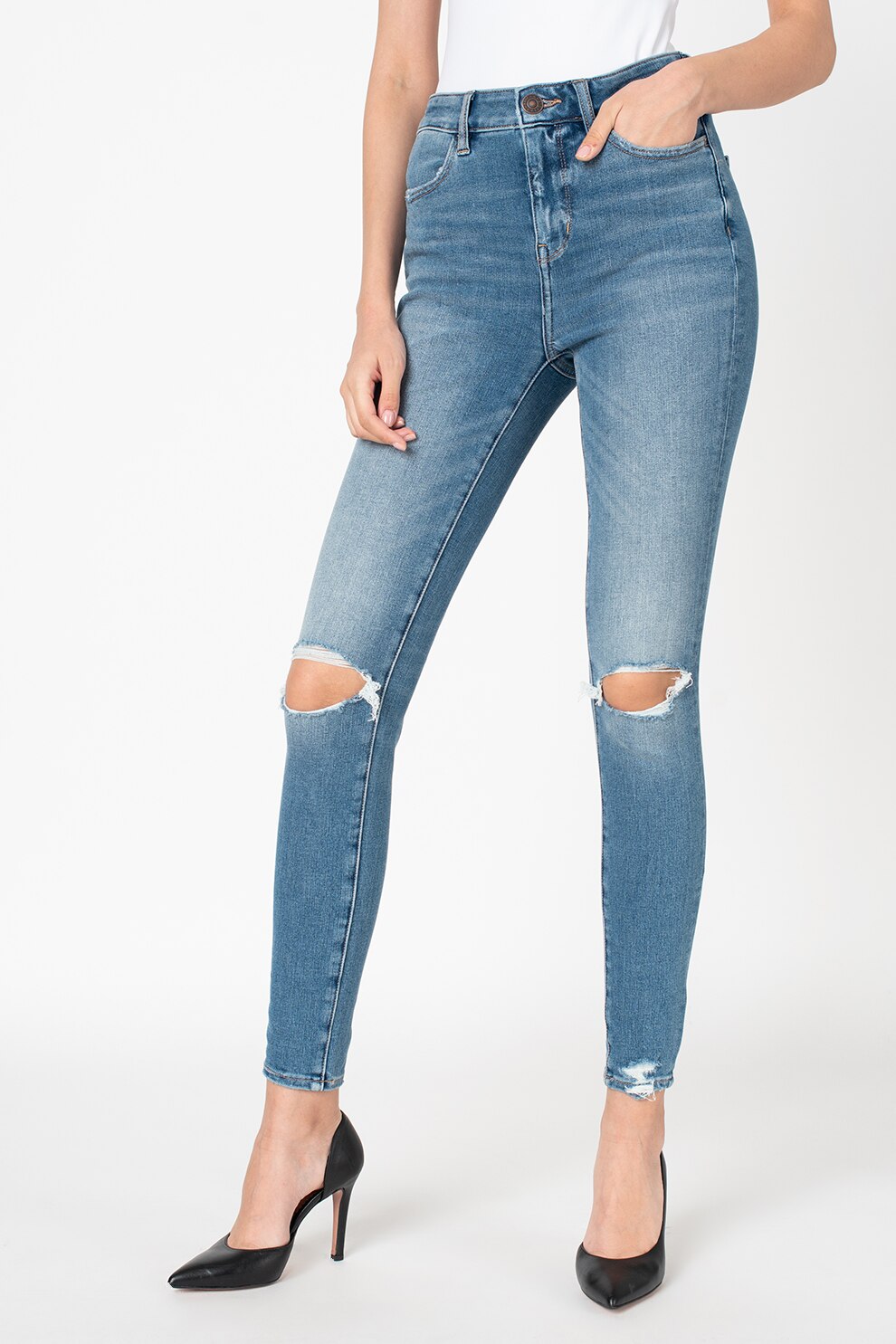 American Eagle, Blugi cu talie inalta si aspect decolorat, Albastru deschis