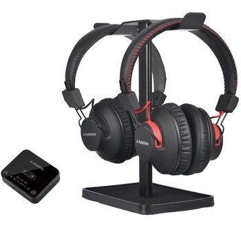 Casti audio Bluetooth plus transmitator Bluetooth si suport casti dual, negru Casti audio Bluetooth plus transmitator Bluetooth si suport casti dual, negru