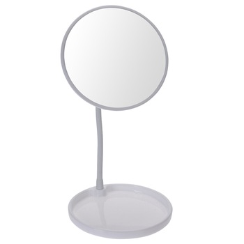 Oglinda cosmetica pe picior, inaltime 29 cm, oglinda si baza de diametru 14 cm, material silicon si metal, culoare alb Oglinda cosmetica pe picior, inaltime 29 cm, oglinda si baza de diametru 14 cm, material silicon si metal, culoare alb