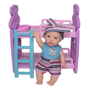 Bebelus de jucarie, muzical, cu patut, 25cm Bebelus de jucarie, muzical, cu patut, 25cm