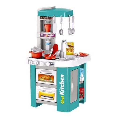 Bucatarie copii completa multifunctionala inalta 72 cm, cu aragaz, cuptor, chiuveta si multiple accesorii, expressor de cafea, lumini si sunete interactive, 49 de piese, Bucatarul Talentat, turcoaz