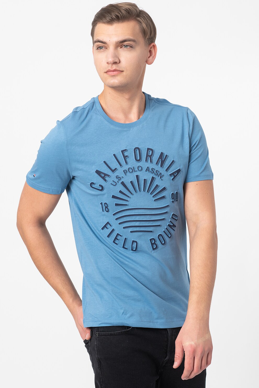 U.S. Polo Assn., Tricou cu imprimeu logo si text Yeats, Albastru prafuit