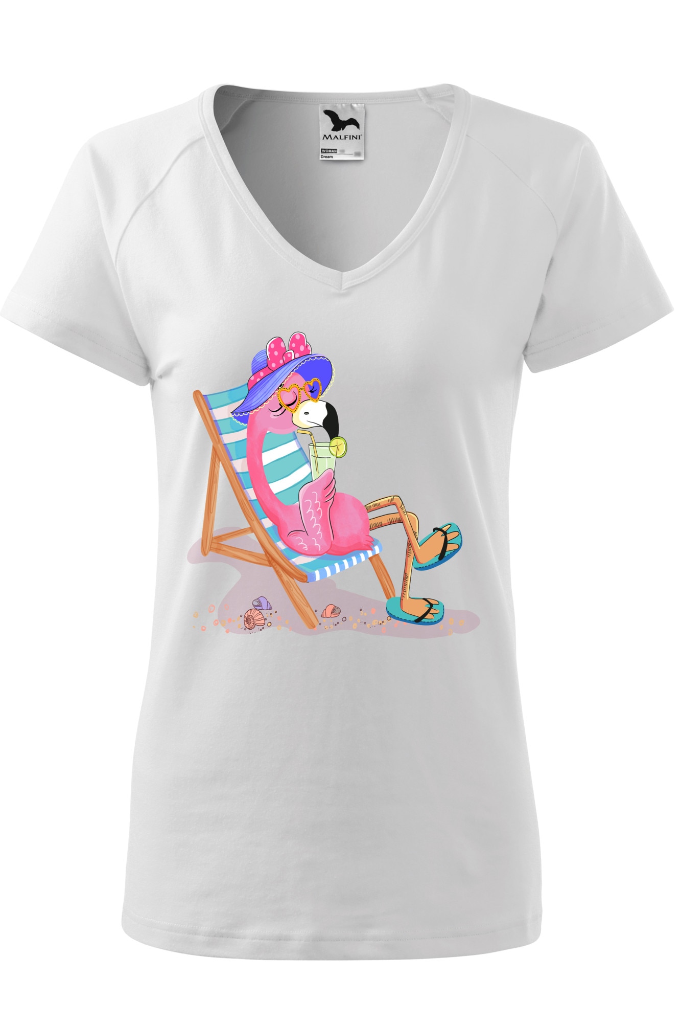 Tricou dama, Malfini, Flamingo on the beach, Alb