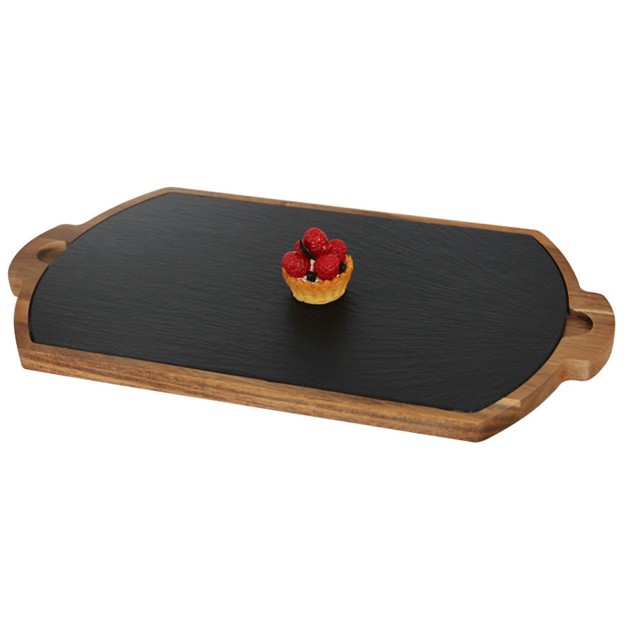 Platou ardezie servire RAKI 32x19cm cu suport lemn 39x22cm