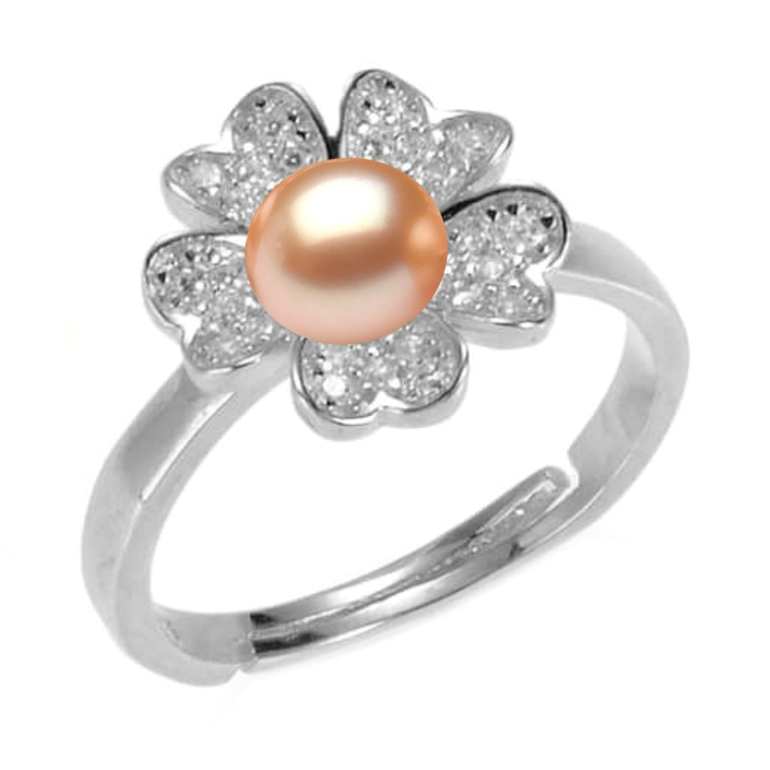 Inel Reglabil Argint Rodiat, Stil Floare, cu Perla Naturala Crem