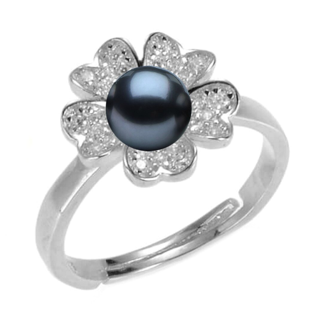 Inel Reglabil Argint Rodiat, Stil Floare, cu Perla Naturala Neagra