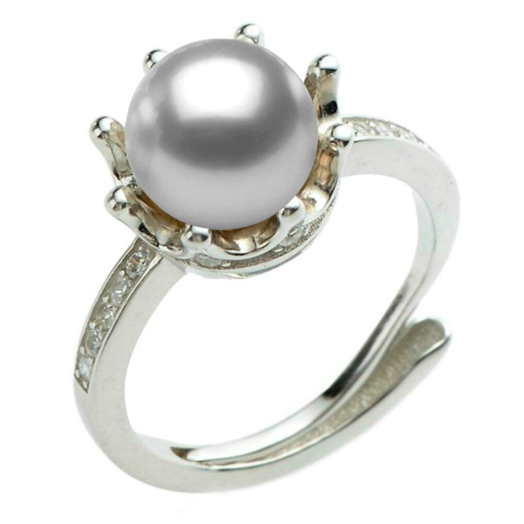 Inel Reglabil din Argint Rodiat, Model Coroana, cu Zirconii si Perla Naturala Gri, 7,5-8 mm