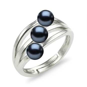 Inel Reglabil din Argint Rodiat, Triplu, cu Perle Naturale Negre Inel Reglabil din Argint Rodiat, Triplu, cu Perle Naturale Negre