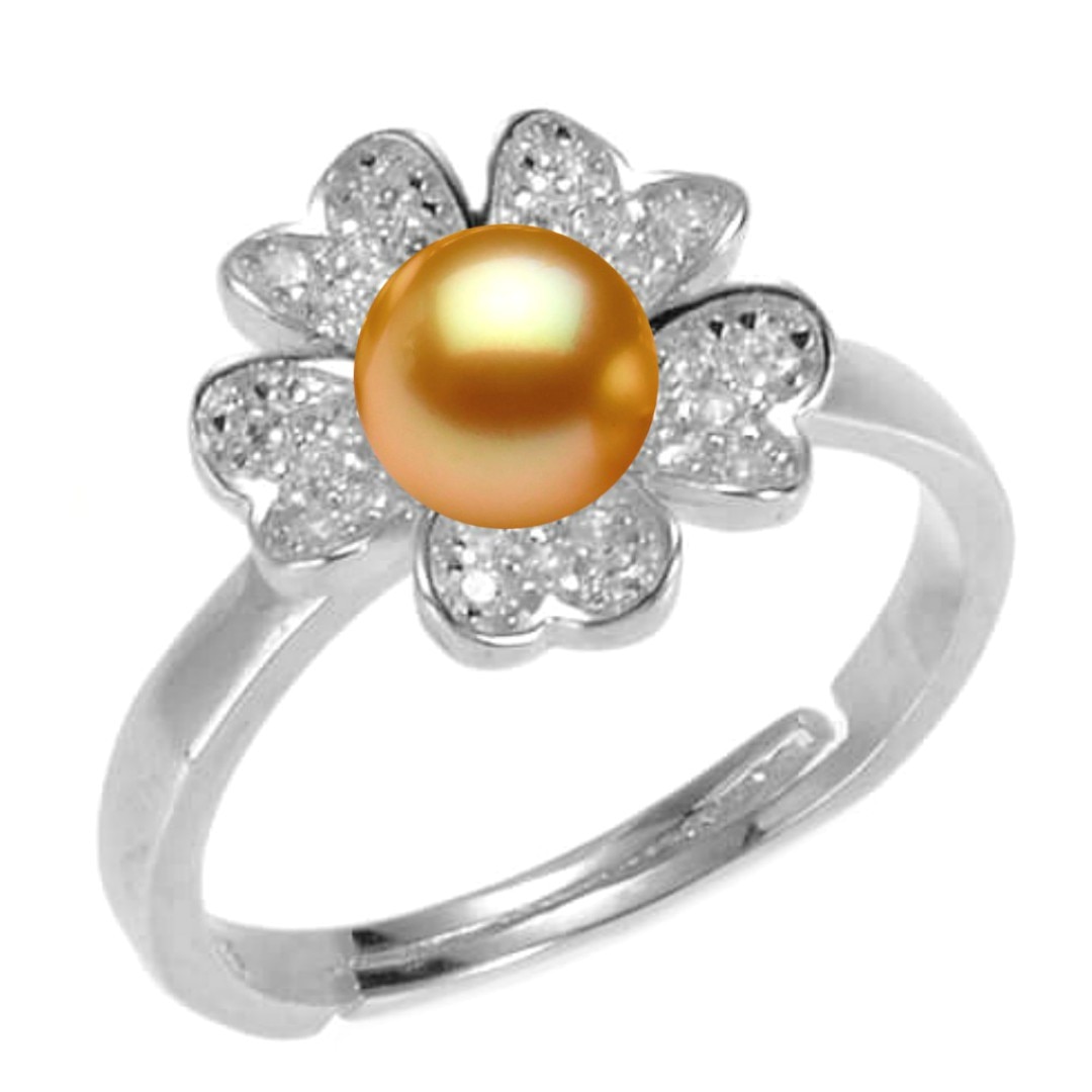 Inel Reglabil Argint Rodiat, Stil Floare, cu Perla Naturala Aurie