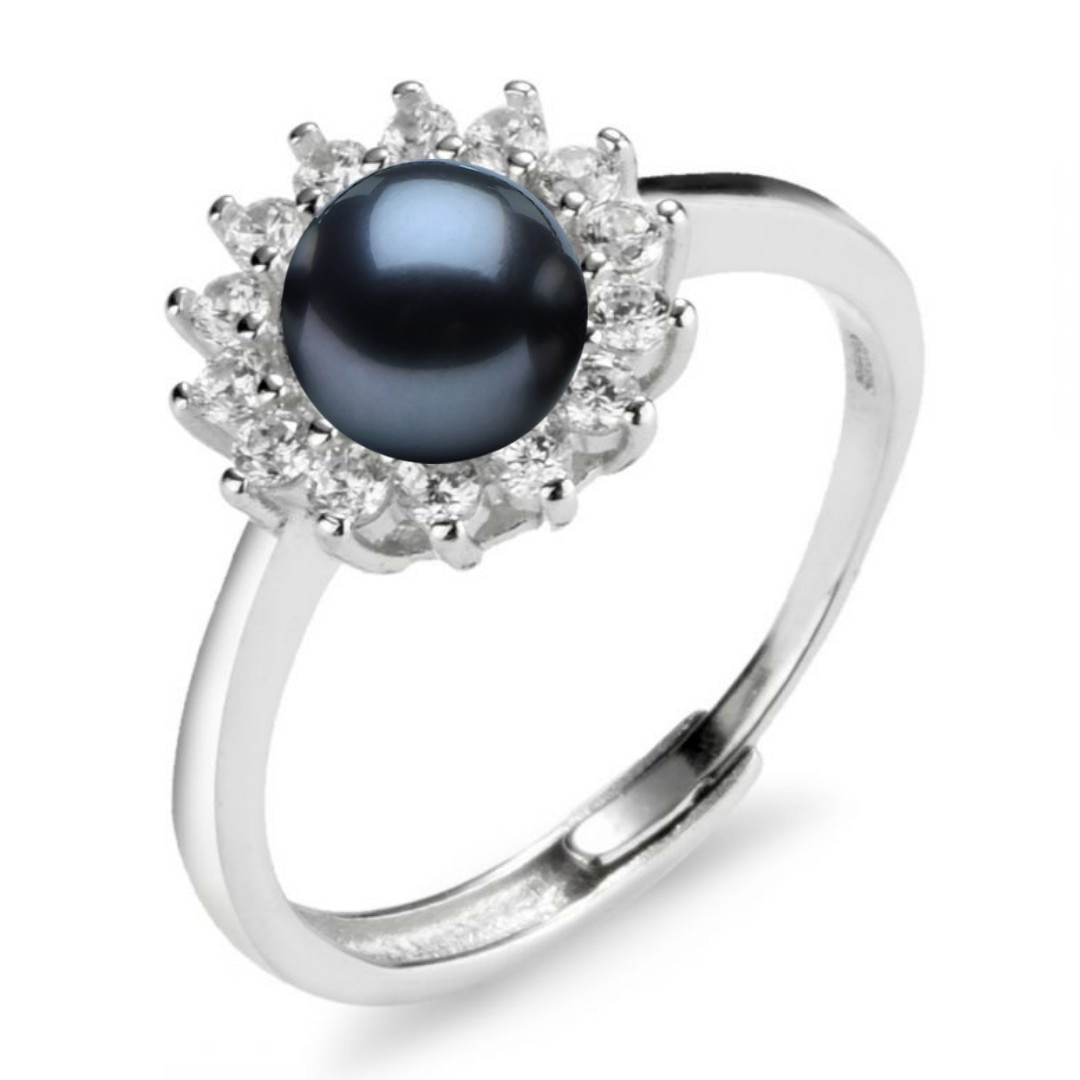 Inel Reglabil Argint Rodiat, Stil Floare, cu Perla Naturala Neagra de 7,5-8 mm