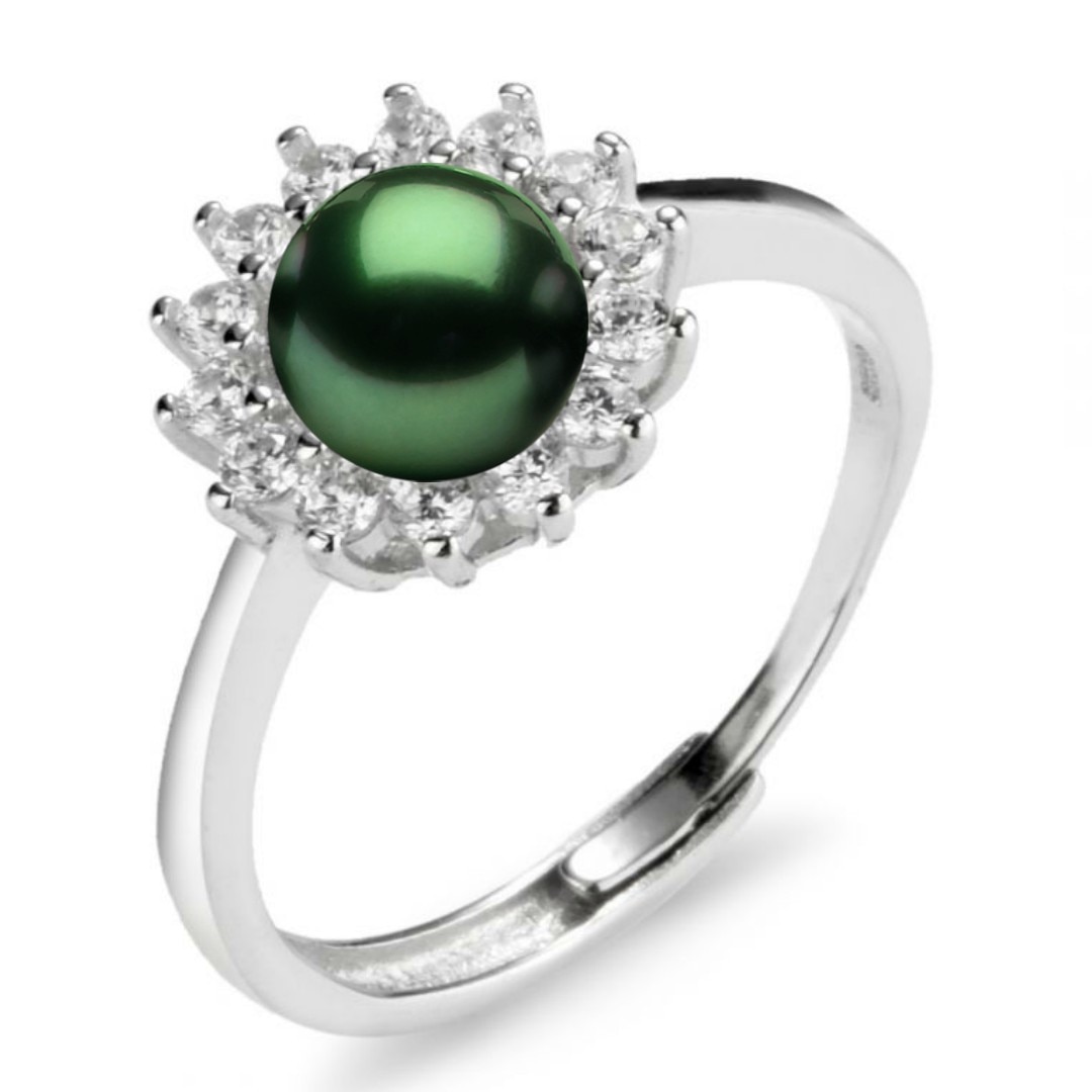 Inel Reglabil Argint Rodiat, Stil Floare, cu Perla Naturala Verde Smarald de 7,5-8 mm