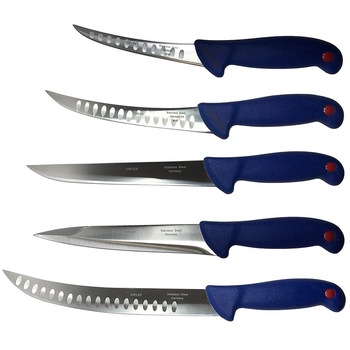 Pachet profesional pentru macelarie, injunghiat, dezosat, transat, filetat, 5 cutite, otel carbon, TLK056 Pachet profesional pentru macelarie, injunghiat, dezosat, transat, filetat, 5 cutite, otel carbon, TLK056