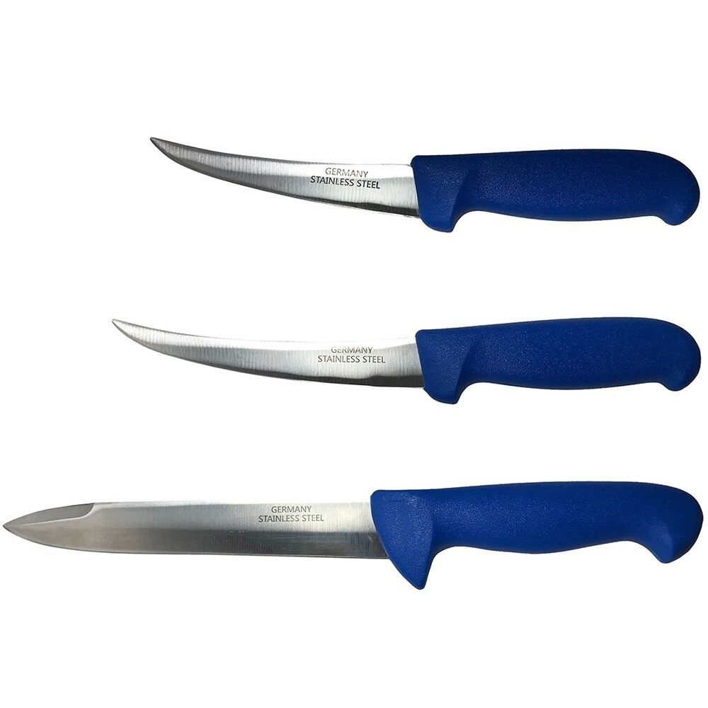 Pachet profesional pentru macelarie, injunghiat, transat, filetat, dezosat, 3 cutite, otel carbon, TLK055