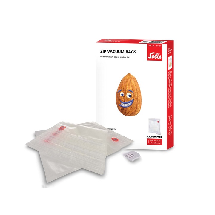 Set de 10 pungi pentru vidat universale Solis, 26 x 35 cm, reutilizabile, cu fermoar, rezistente la rupere si congelare (pana la -20°C), rezistente la cuptorul cu microunde, fara BPA