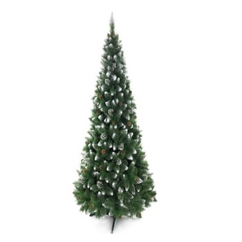 Brad de Craciun artificial cu cetina fina si varfuri albe si conuri, 150 cm, voluminos, suport inclus Brad de Craciun artificial cu cetina fina si varfuri albe si conuri, 150 cm, voluminos, suport inclus