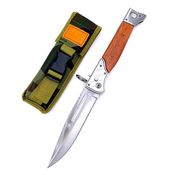 Cutit briceag AK-47 CCCP, deschidere automata, husa camuflaj cu prindere la curea, 27 cm