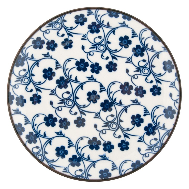 Farfurie pentru desert Shopiens®, din portelan alb cu flori bleu, 15 cm