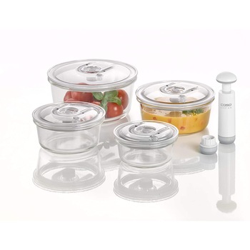 Set 4 recipiente pentru vidat Caso Germany, VacuBoxx R-Set, potrivite pentru marinare si vidarea alimentelor sensibile, din sticla, rezistente la microunde, transparente Set 4 recipiente pentru vidat Caso Germany, VacuBoxx R-Set, potrivite pentru marinare si vidarea alimentelor sensibile, din sticla, rezistente la microunde, transparente