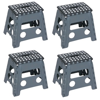 Set 4 scaune pliabile din plastic, tip taburet, cu maner de transport si buline, 29x22x32 cm, Gri Set 4 scaune pliabile din plastic, tip taburet, cu maner de transport si buline, 29x22x32 cm, Gri