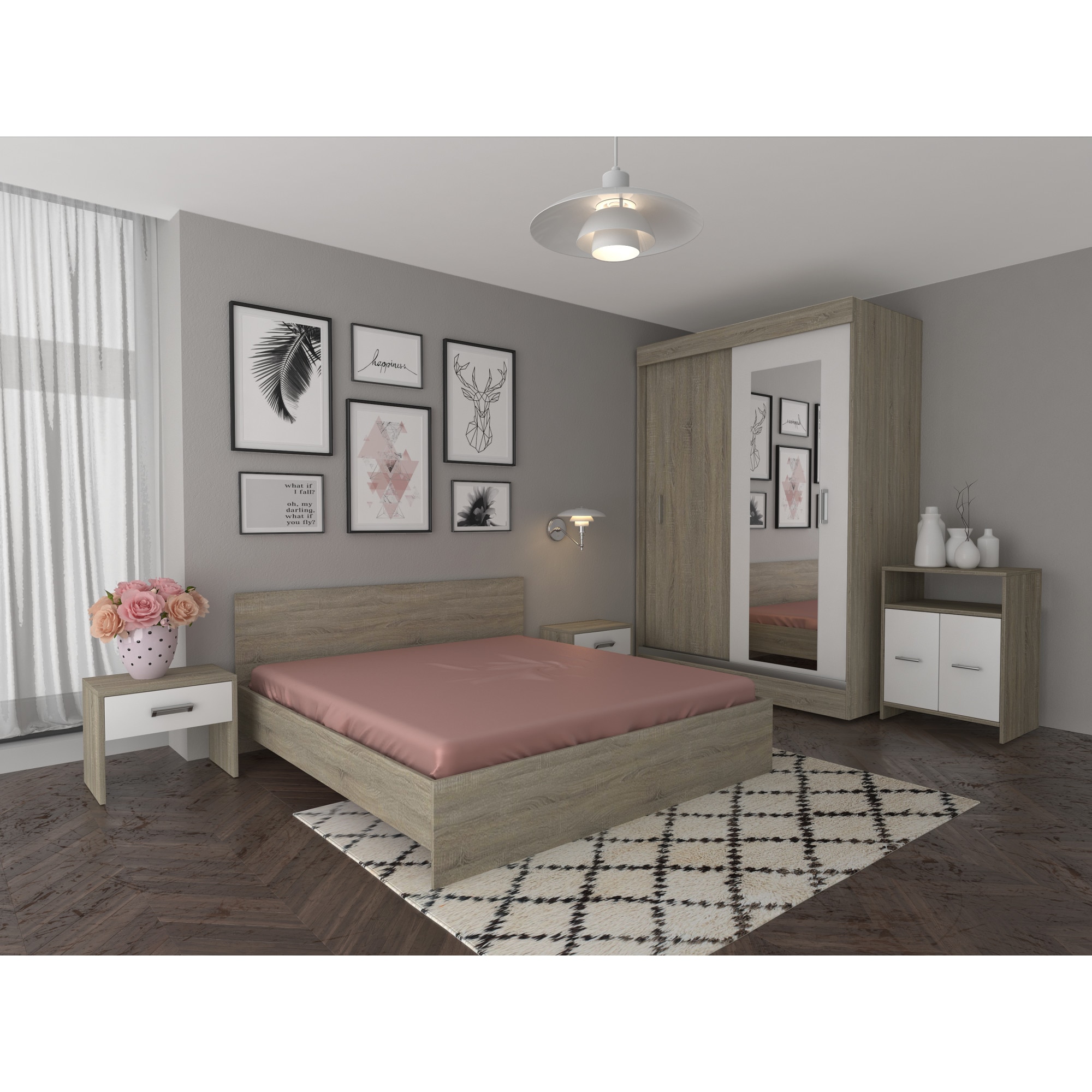 Set Dormitor Ines Stejar/Alb cu comoda,pat 160x200cm