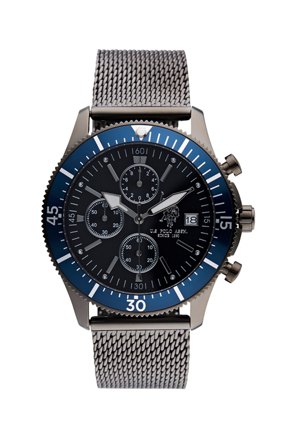 U.S. Polo Assn., Ceas analog cu bratara cu model plasa, Gri hematit