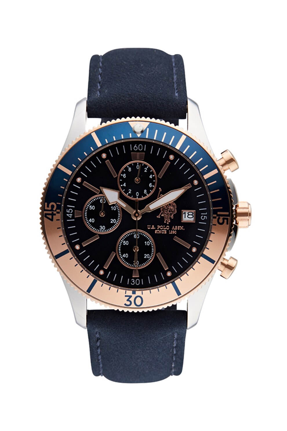 U.S. Polo Assn., Ceas cronograf cu o curea din piele intoarsa, Bleumarin inchis