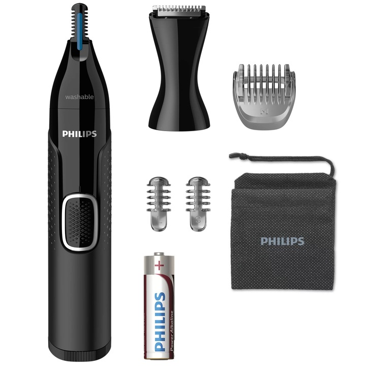 Trimmer pentru nas/urechi Philips NT5650/16, baterie, lavabil, utilizare umed si uscat, tehnologie Precision Trim, otel inoxidabil, pieptene pentru sprancene, 2 piepteni 3-5 mm, Negru