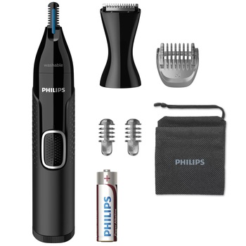 Trimmer pentru nas/urechi Philips NT5650/16, baterie, lavabil, utilizare umed si suscat, tehnologie Precision Trim, otel inoxidabil, pieptene pentru sprancene, 2 piepteni 3-5 mm, Negru Trimmer pentru nas/urechi Philips NT5650/16, baterie, lavabil, utilizare umed si suscat, tehnologie Precision Trim, otel inoxidabil, pieptene pentru sprancene, 2 piepteni 3-5 mm, Negru
