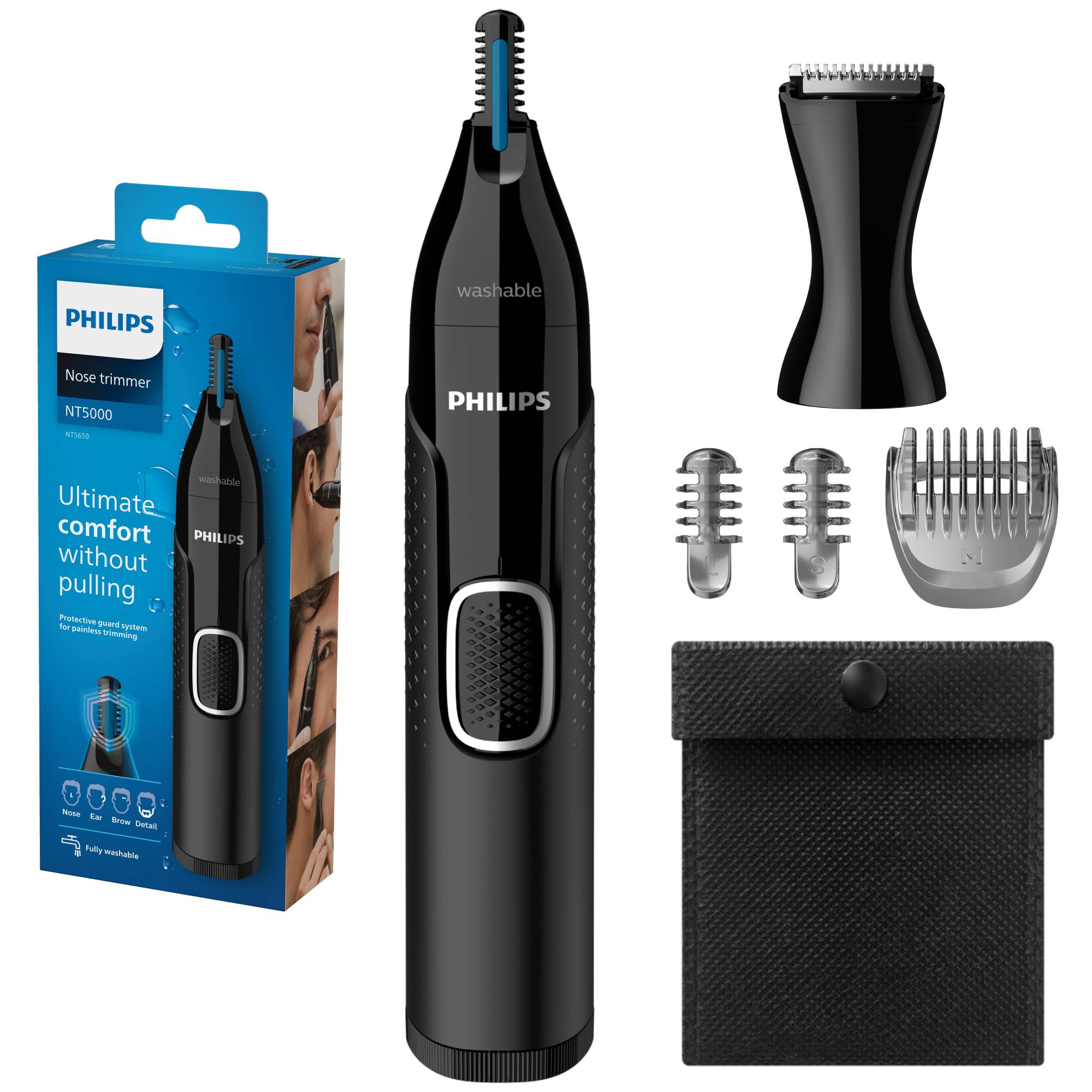 Trimmer pentru nas/urechi Philips NT5650/16, baterie, lavabil, utilizare umed si suscat, tehnologie Precision Trim, otel inoxidabil, pieptene pentru sprancene, 2 piepteni 3-5 mm, N