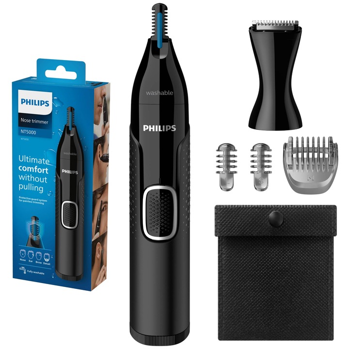 Тример за нос/уши Philips NT5650/16, батерия, Миещ се, Мокра и суха употреба, Технология Precision Trim, Неръждаема стомана, Гребен за вежди, 2 гребена 3-5 мм, Черен