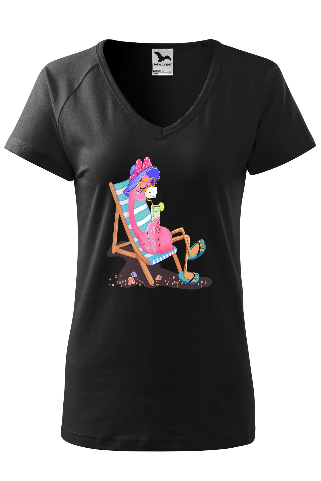 Tricou dama, Malfini, Flamingo on the beach, Negru