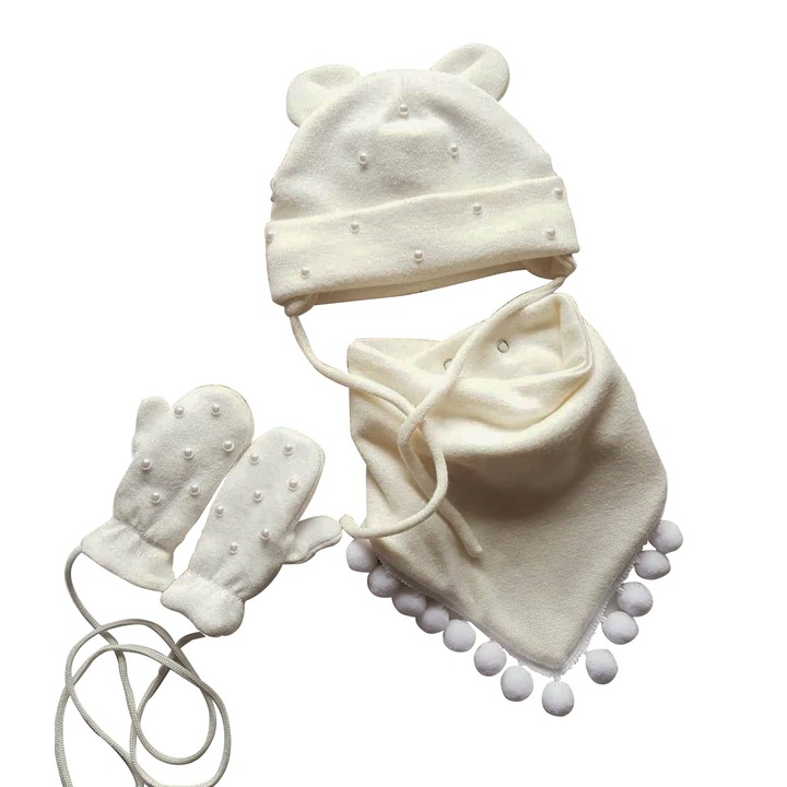 Set caciulita + bufanda Baby Eve, alba cu perle cusute manual 44 cm