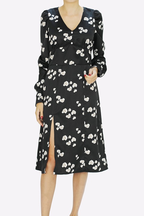 ambar studio, Rochie midi evazata cu maneci lungi Poesie, Alb/Negru