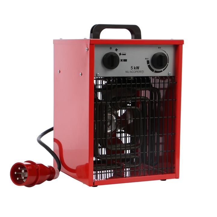 Elektromos légfűtő, teljesítmény 5 kW, beépített termosztát, önvisszaállító és önzáró rendszer, védettség IPX4, méretek 270 x 255 x 400 mm
