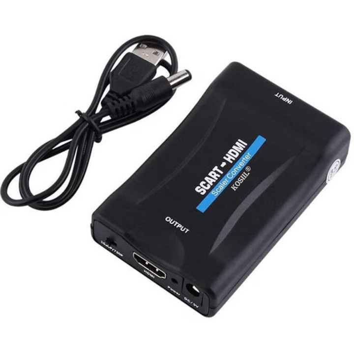 Adaptor Scart la HDMI, Full HD, Convertor audio-video analog la digital, USB 5V, Compatibil Laptop / PC / TV / DVD / Video, Negru