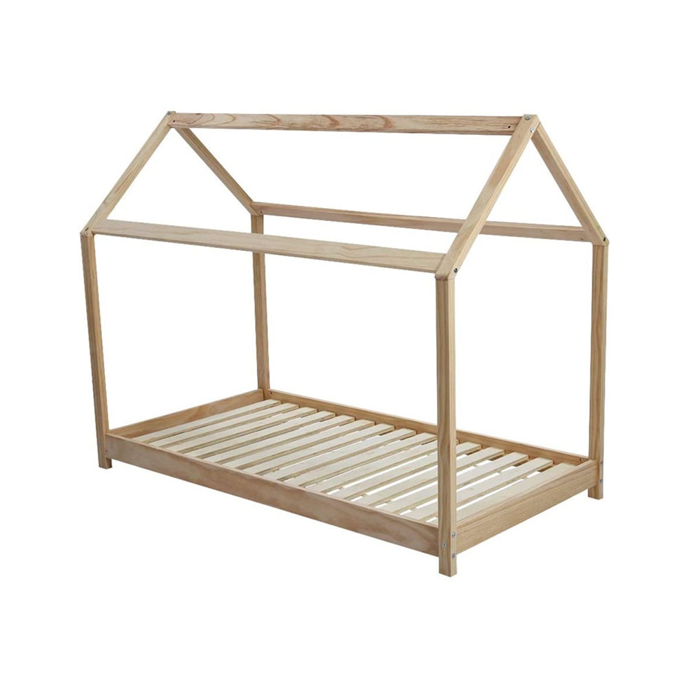 Pat din lemn 70x140 cm pentru copii Timeless Tools, forma de casuta, Culoarea lemnului