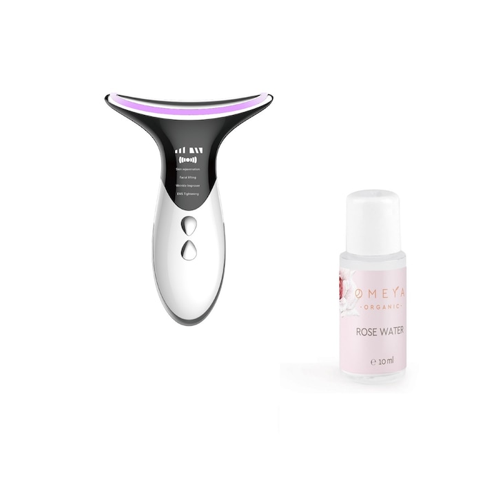 Уред за лифтинг на лице и деколте Smart Pulse S-Beauty Eternity + Органична розова вода Omeya, LED светлина, EMS, Топлиннa терапия на бръчки и стягане на кожата, бял