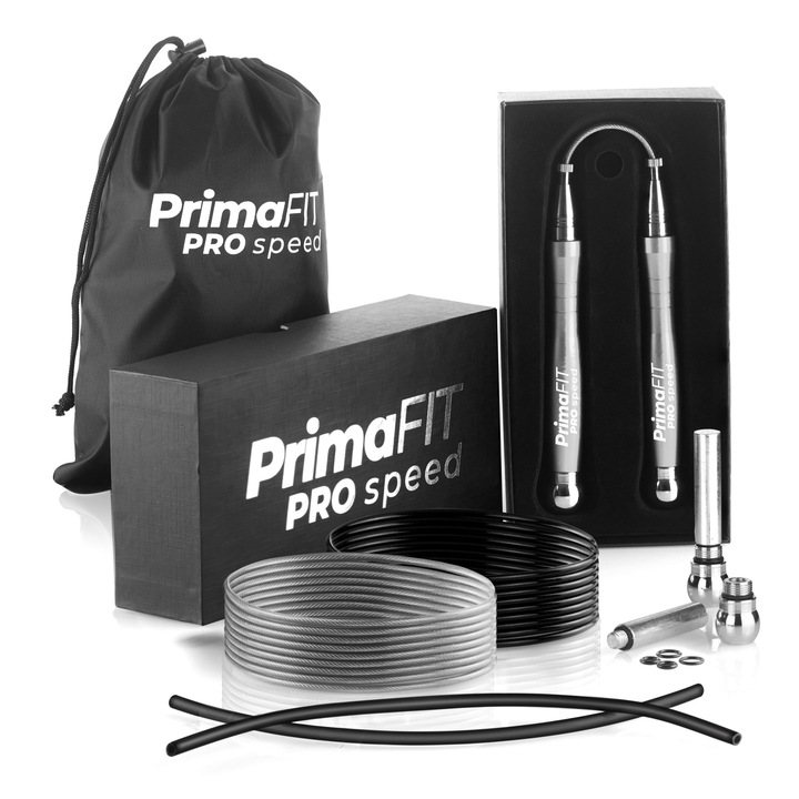 Въже за Скачане PrimaFIT Pro Speed, Професионално, 3м Регулируемо, Бързо с 2 Лагера, Допълнително Въже и Тежести, 2 Протектора, Алуминиеви Дръжки, Чантичка за Носене, Кросфит, Бокс, ММА, Сребрист