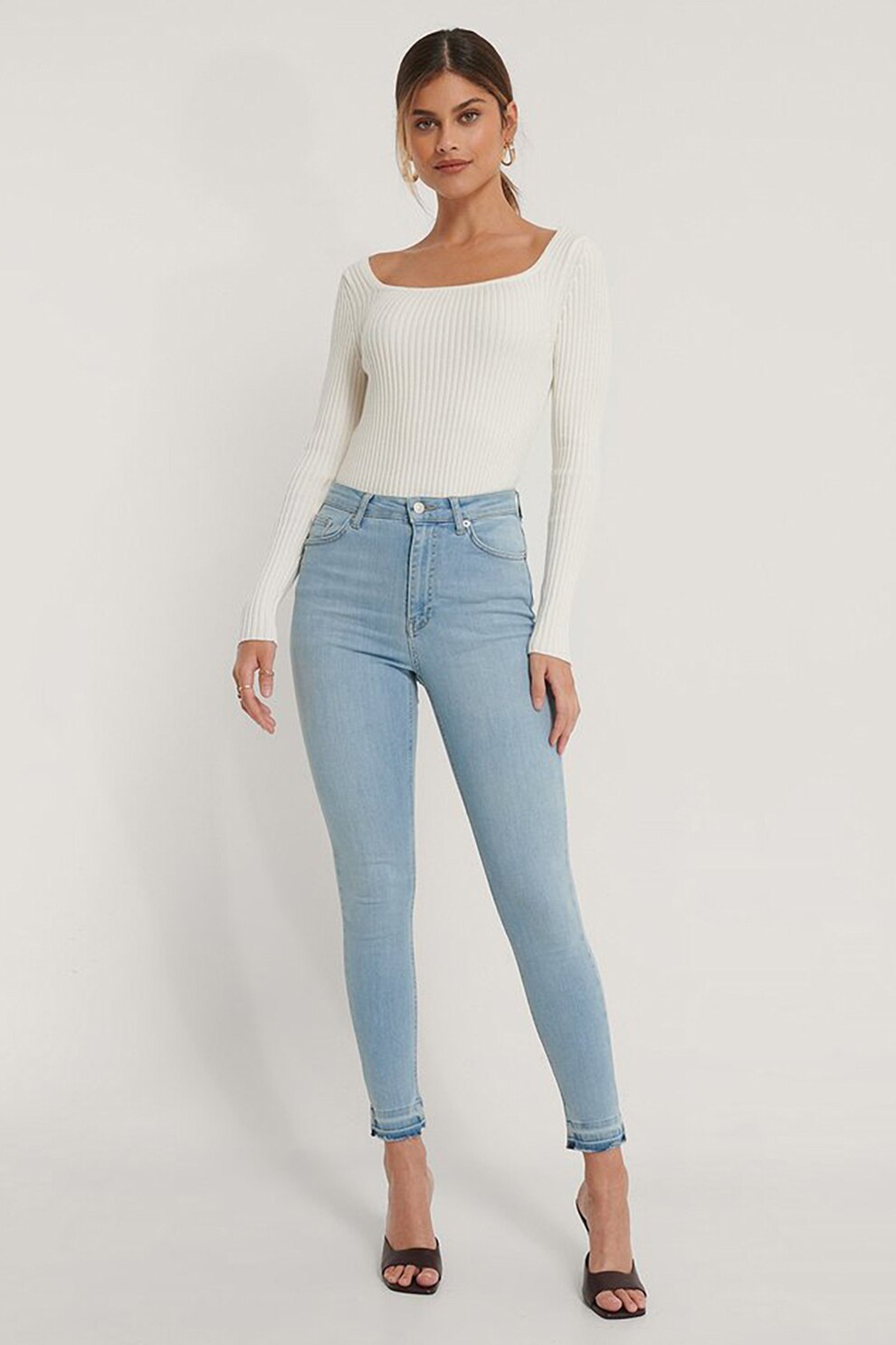 NA-KD, Blugi skinny crop cu talie inalta, Albastru deschis, 2XS