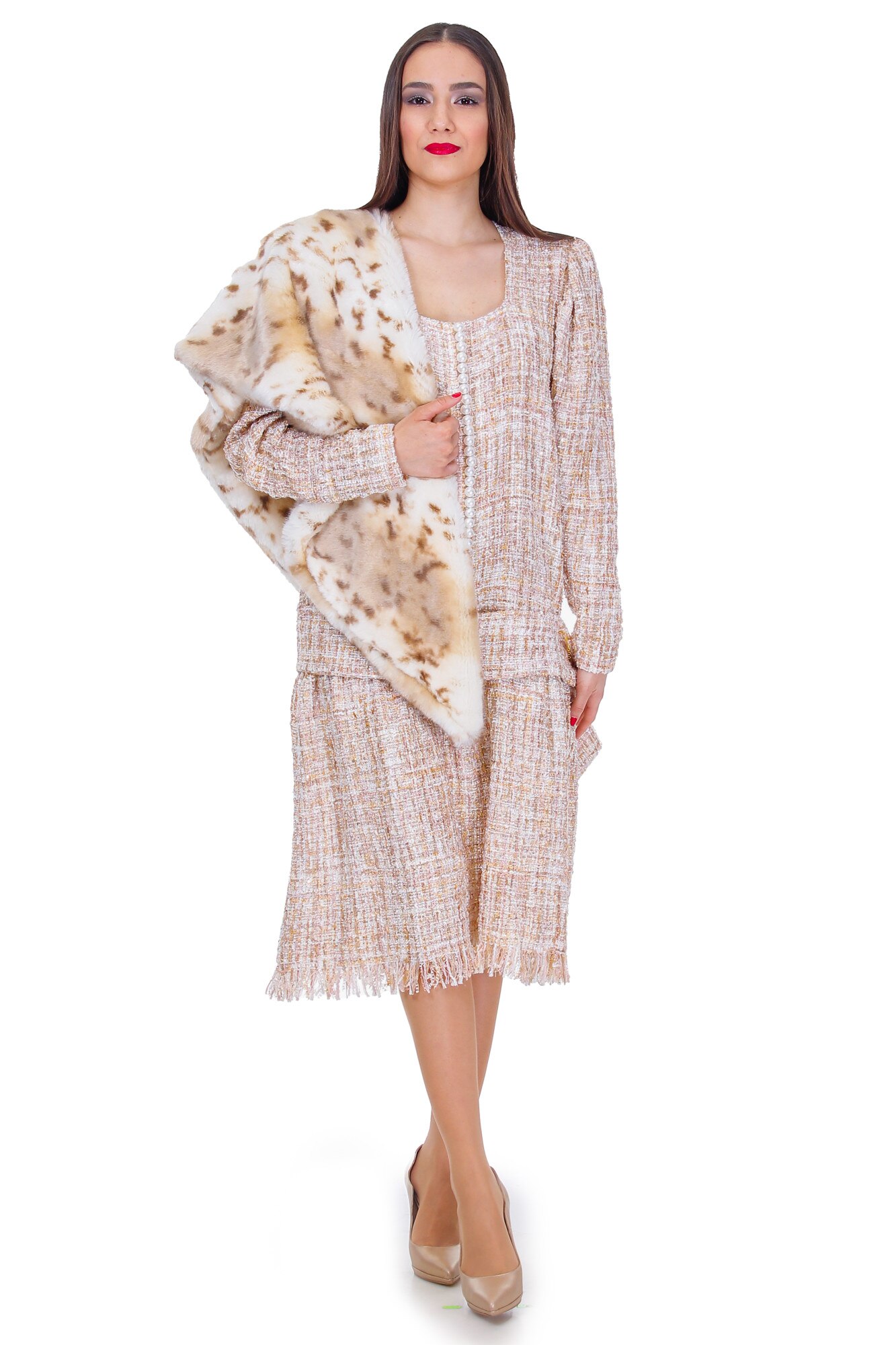 Rochie alb/bej stofa lana, Liza Panait, BT-2, Alb/Bej