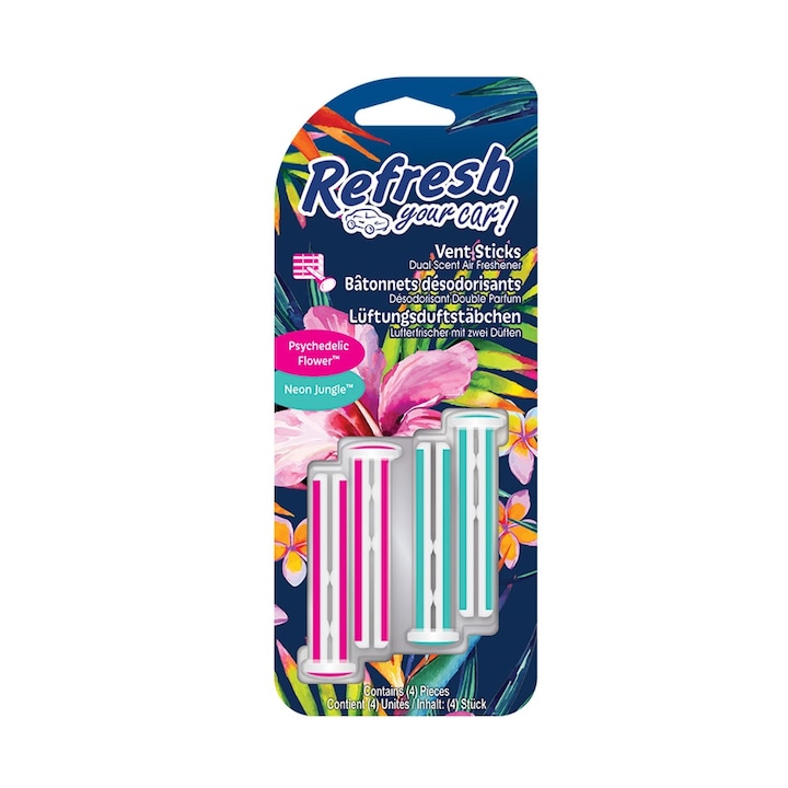 Set Odorizant auto, Refresh Your Car, Vent Stix, Psychedelic Flower/Neon Jungle, 4 buc