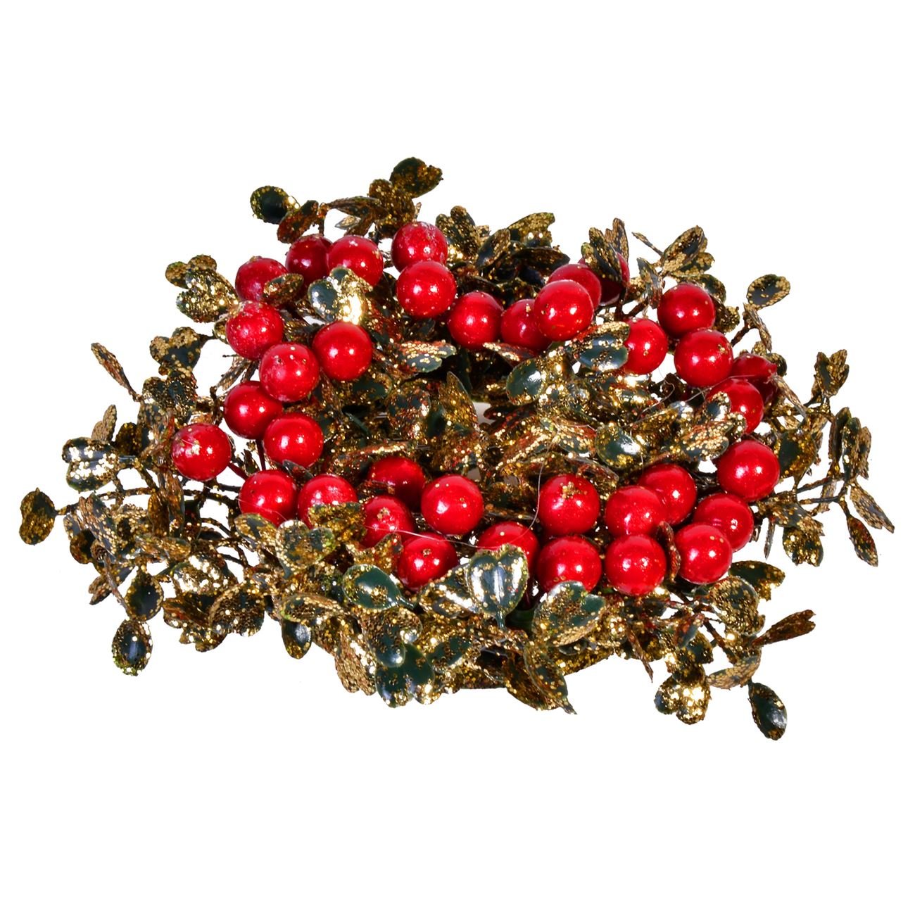 Aranjament decorativ pentru masa de Craciun, model coronita de pus lumanarea, cu fructe rosii, 14 cm, Auriu