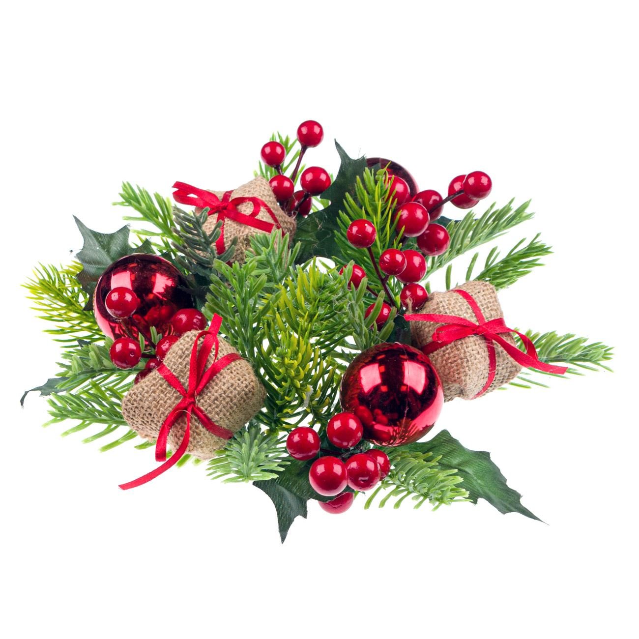 Aranjament decorativ pentru masa de Craciun, model coronita cu cadouri, globuri si fructe, 25 cm, Multicolor