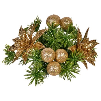 Aranjament decorativ pentru masa de Craciun, model coronita de pus lumanare cu globuri, Glitter, 15 cm, Auriu/Verde Aranjament decorativ pentru masa de Craciun, model coronita de pus lumanare cu globuri, Glitter, 15 cm, Auriu/Verde
