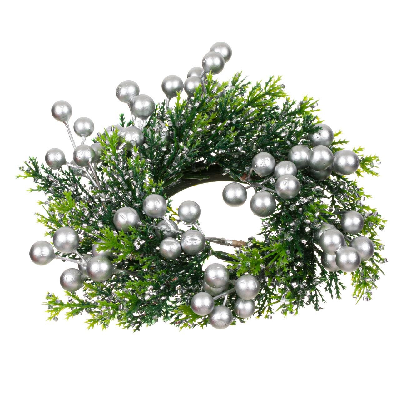 Aranjament decorativ pentru masa de Craciun, model coronita de pus lumanare cu globulete, 22 cm, Verde/Argintiu