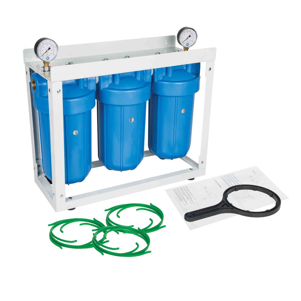 Set 3 carcase, FILTRO BIG BLUE 10″, cadru metalic, manometre si cheie