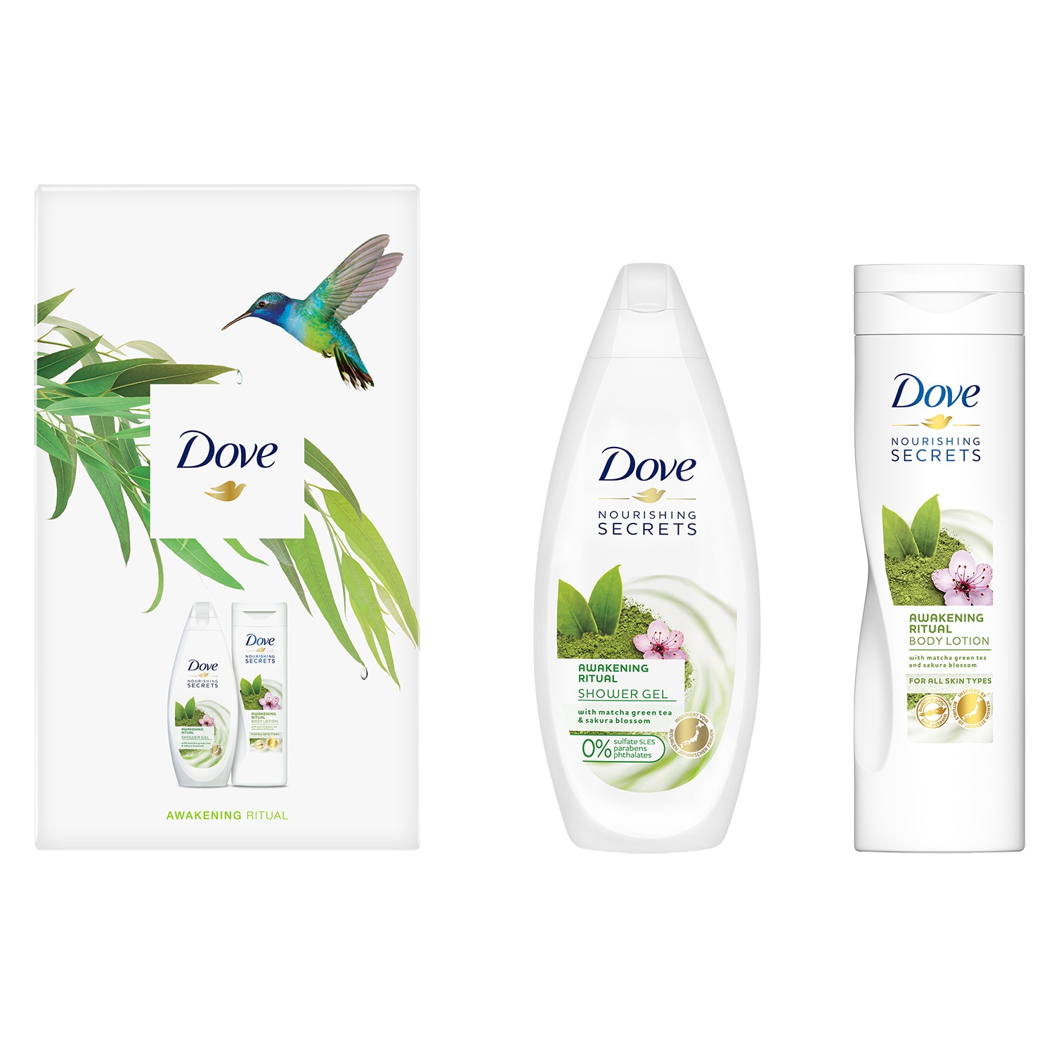 Set cadou: Gel de dus Dove Matcha, 250 ml + Lotiune de corp Awakening Ritual, 250 ml