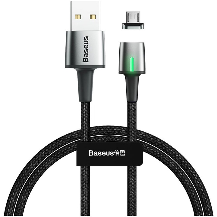 Baseus USB Töltőkábel, MicroUSB, mágneses, cinkkel, 2,4 A, 1 m, LED, fekete, CAMXC-A01